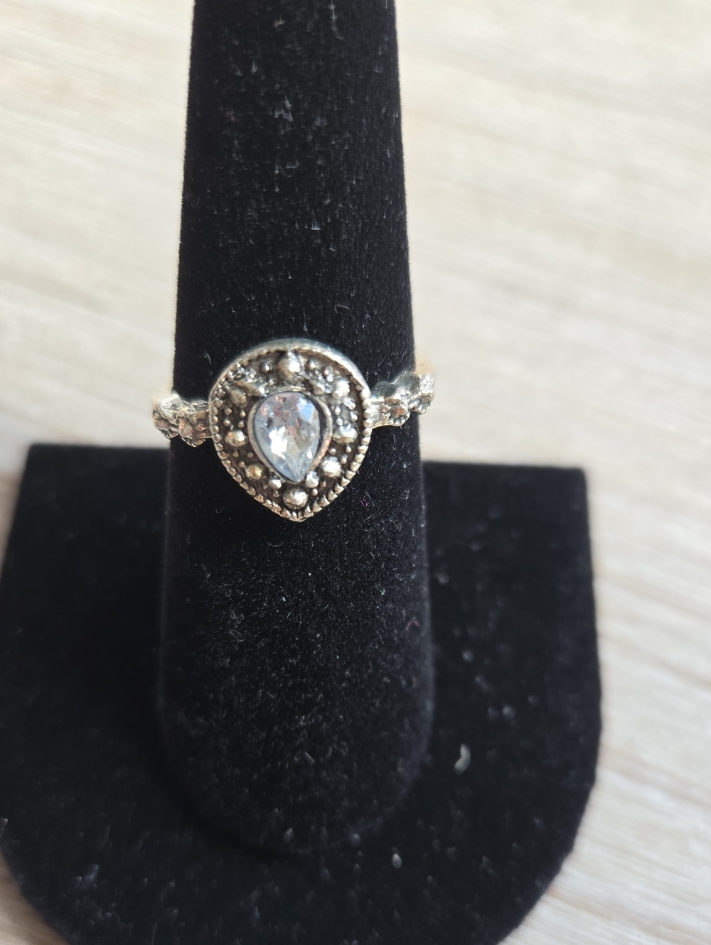 Source Unknown Silver Teardrop Ring with Clear Stone